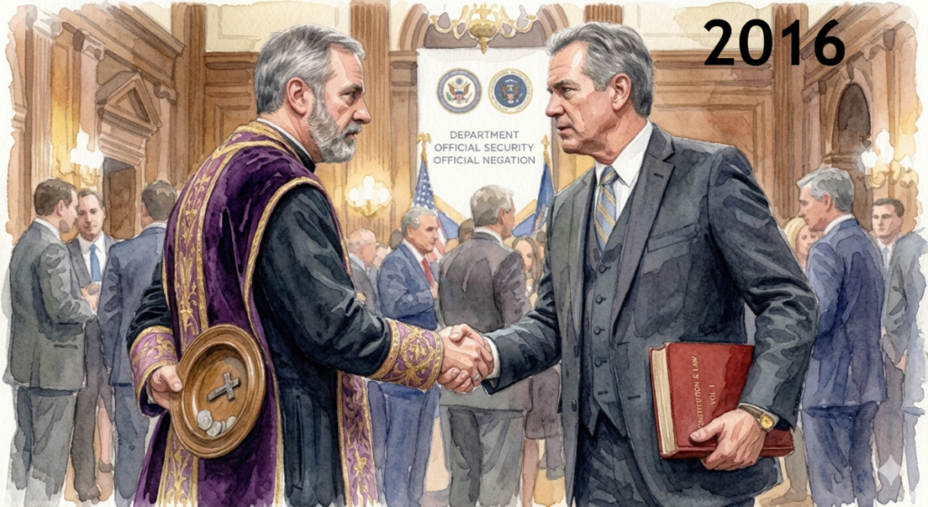> A watercolor illustration of a handshake between a religious figure in purple and gold vestments and a politician in a grey three-piece suit. Behind their backs, the religious figure hides a wooden collection plate with a cross and coins, while the politician holds a thick red law book.
