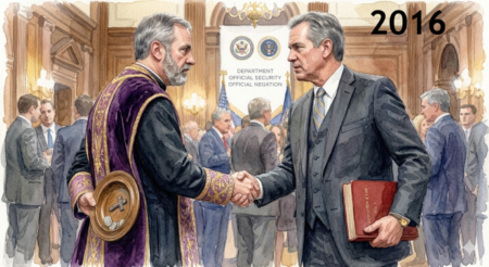 > A watercolor illustration of a handshake between a religious figure in purple and gold vestments and a politician in a grey three-piece suit. Behind their backs, the religious figure hides a wooden collection plate with a cross and coins, while the politician holds a thick red law book.
