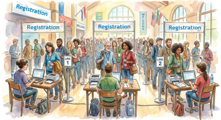 a watercolor image of people lined up waiting to register in three lines