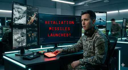 A soldier sitting in from of a surveillance console.  The retaliation button lit up as he pressed it.