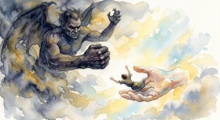 The More You Tighten Your Grip Satan Watercolor painting of a dark, winged demonic figure with a tightly clenched fist, from which a small human figure has just fallen, landing safely into a massive, glowing hand emerging from bright, golden light.