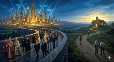 A futuristic empire, the ancient church, and the diverse historical figures (Avignon popes, Calvinists, charismatics) all present in this singular landscape.