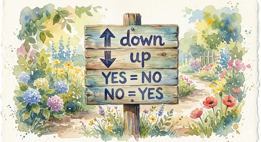 Let Your &Quot;Yes&Quot; Be &Quot;Yes&Quot;: Deconstructing The Doublespeak Of Modern &Quot;Christian&Quot; Politics A whimsical watercolor illustration of a weathered wooden sign in a garden. The sign displays contradictory text and symbols: an arrow pointing up next to the word "down," an arrow pointing down next to the word "up," followed by the lines "YES = NO" and "NO = YES."
