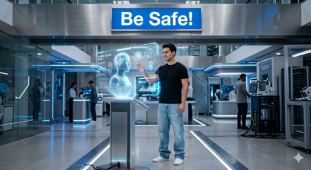 How Christians Can Use Ai Safely Futuristic image of a man in a black shirt and baggy light blue jeans interacts with a glowing holographic AI interface in a futuristic lab under a "Be Safe!" sign.