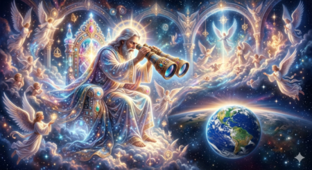 Surrealist image of God, in His Heavenly Throne Room, looking down at earth through high powered binoculars.