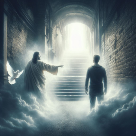 Jesus Loves Us The Way We Are, Right? An ethereal scene in a dark space between buildings, An ethereal scene in a dark space between buildings, fog on the ground, with Jesus. as of on a "stairway to Heaven", with a white dove accompanying a man towards a bright light ahead to show the presence of God the Father.on the ground, with Jesus and a white dove accompanying a man towards a bright light ahead to show the presence of God the Father.