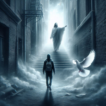 Jesus Loves Us The Way We Are, Right? An ethereal scene in a dark space between buildings, fog on the ground, with Jesus. as of on a "stairway to Heaven", with a white dove accompanying a man towards a bright light ahead to show the presence of God the Father.