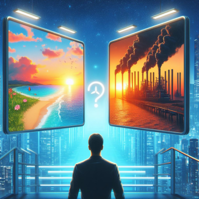 Jesus Loves Us The Way We Are, Right? A man looking at two giant screens. He'll choose his future vacation. One is bright and sunny beach scene. The other is a scene full of smokestacks belching pitch black pollution into the air.