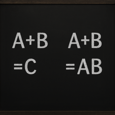 One Best Answer ✔️ A blackboard image showing two ways of thinking. On the left, Western logic seeks one correct answer — A + B = C. On the right, Eastern tradition embraces paradox — A + B = AB.