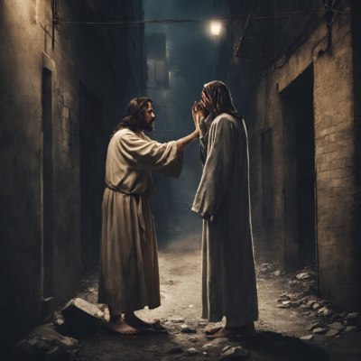 Jesus Loves Us The Way We Are, Right? Jesus and a man in a dark alley, lit by a full moon - in serious conversation.