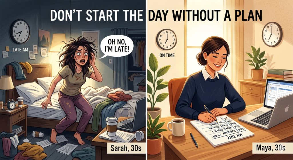 Don'T Start The Day Without A Plan: Don'T Settle For Less #02 A split image, showing a moment in time for 2 women. The one on the left is a frazzled woman, just waking up, getting out of bed exclaiming "Oh no, I'm late". The one on the right is calmly sitting at her desk at word, writing out her schedule for the day.