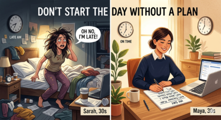 Don'T Start The Day Without A Plan: Don'T Settle For Less #02 A split image, showing a moment in time for 2 women. The one on the left is a frazzled woman, just waking up, getting out of bed exclaiming "Oh no, I'm late". The one on the right is calmly sitting at her desk at word, writing out her schedule for the day.