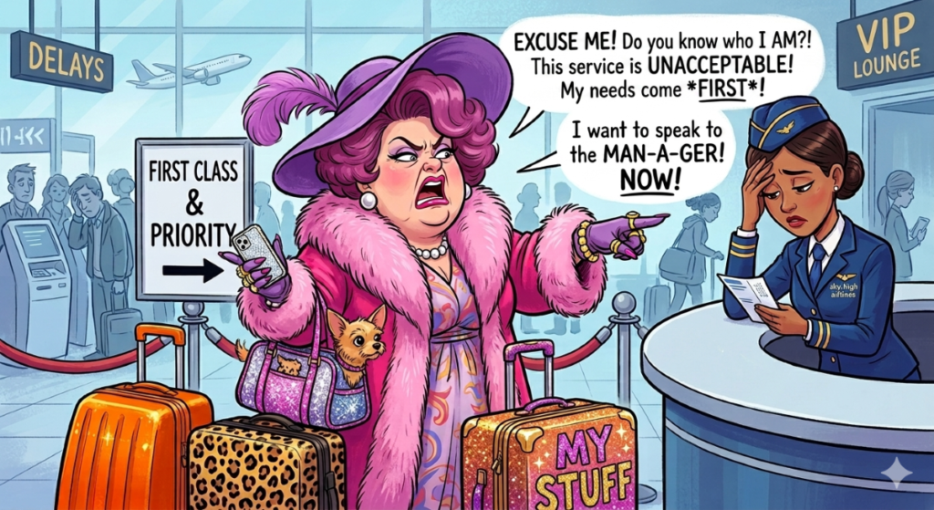 Cartoon of an entitled woman in a pink fur coat yelling at a stressed airport gate agent.
