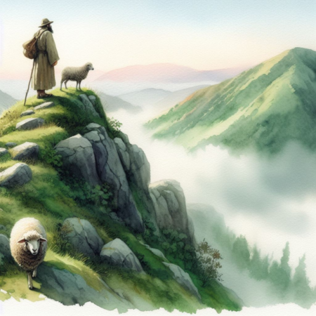 Jesus Loves Us The Way We Are, Right? A shepherd on a mountain with some sheep -another mountain across a large valley - looking for his 1 lost sheep.