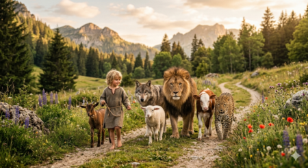 a high-quality AI image of Isa 11:6 The wolf will live with the lamb, the leopard will lie down with the goat, the calf and the lion and the yearling together; and a little child will lead them.