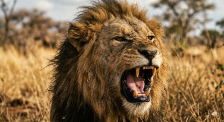 a closeup image of a roaring lion