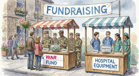 Fundraising on small town street.  Some doctors have a booth with little money for hospital equipment.  Some soldiers have a bowl full of money was supposed to be for a veterans fund, but now says war fund.
