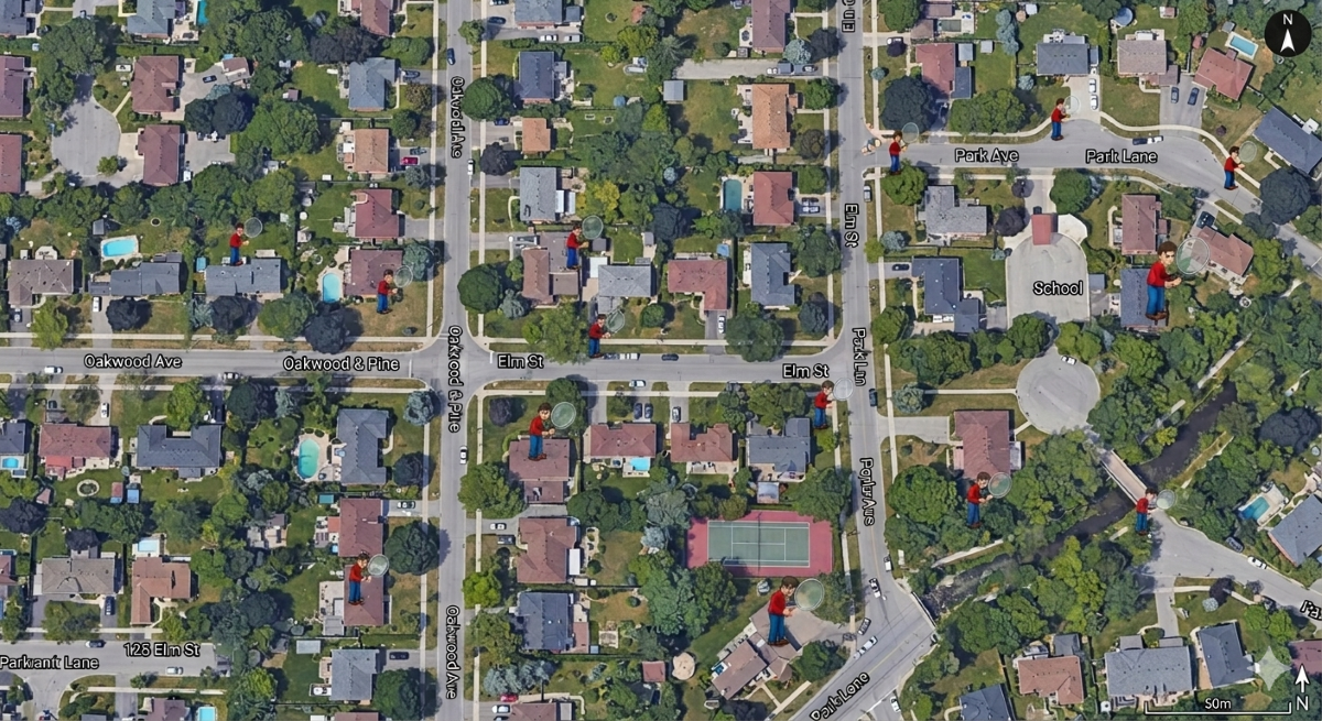 A satellite maps image of a neighborhood.  There's a man with a red shirt holding a magnifying glass in various spots in the image.  He's looking for God, asking 