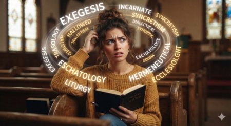 The Problem Of &Quot;Church Words&Quot; No One Else Understands A young woman sitting in a church sanctuary, reading a Bible, looking confused, as words spin around her head. Some are church words - others are supposed to be church words but the experience is so overwhelming she can't remember them correctly.