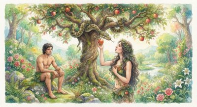  a watercolor image of Adam, Eve, and the serpent in the Garden of Eden. The serpent is in the tree, talking with Eve. Eve is reaching for a piece of fruit from the tree, Adam is sitting on the ground nearby, watching.