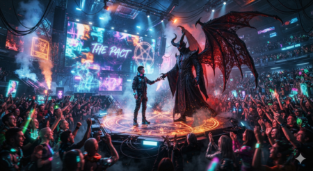 Would A Christian Make A Deal With The Devil? A round stage, brightly colored lights and signs, set in the middle of a throng of excited people giving a standing ovation for the man on the stage, as he is making a deal with the devil.