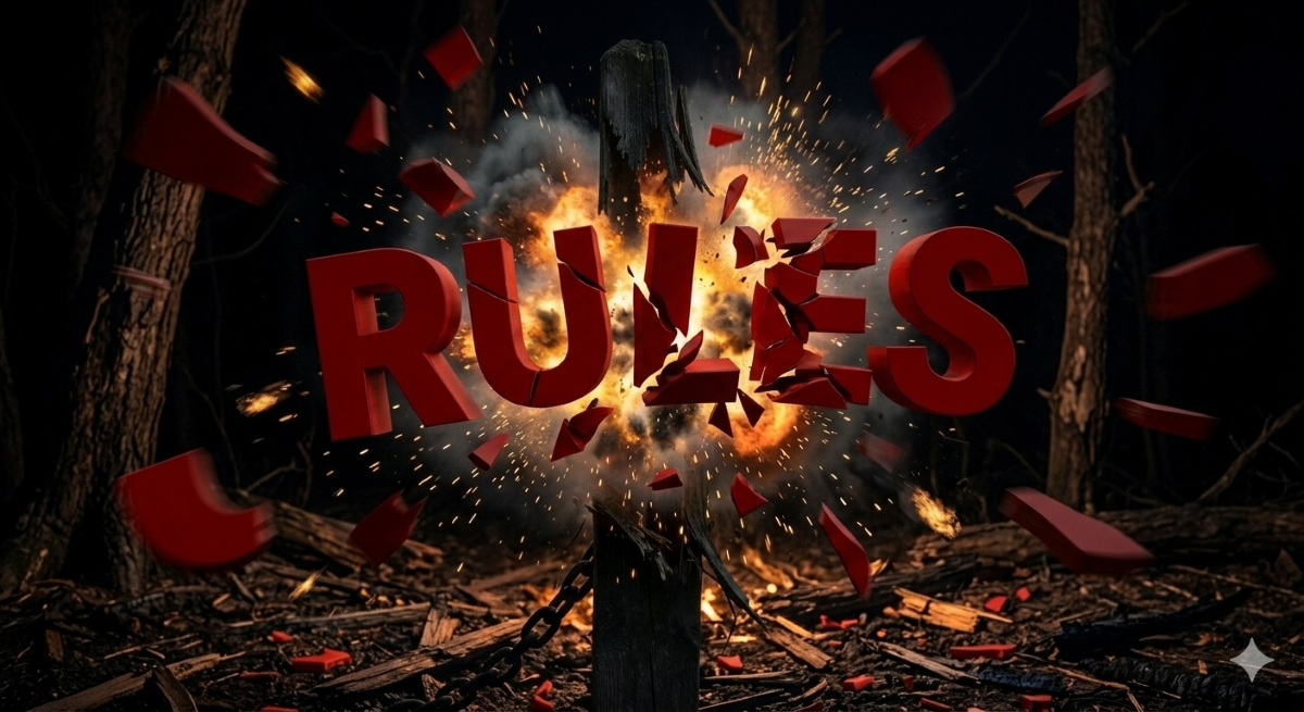 The word RULES in big block red letters, being blown up in a dark forest