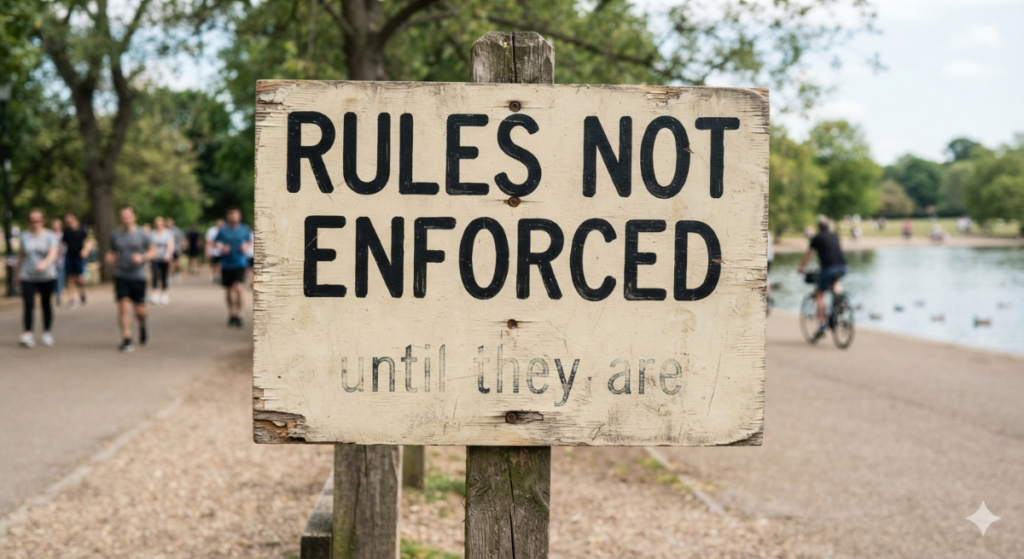 A weathered sign on a beach, with people walking by. In large visible letters, "RULES NOT ENFORCED". Then, underneath in smaller letters barely visible from weather,, "until they are"