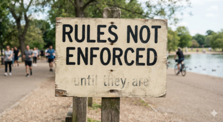 A weathered sign on a beach, with people walking by. In large visible letters, "RULES NOT ENFORCED". Then, underneath in smaller letters barely visible from weather,, "until they are"