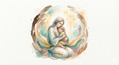 A serene and compassionate watercolor illustration symbolizing grace, faith, and human empathy in discussions around abortion. At the center, a gentle mother figure lovingly holds a small child in a warm embrace. Surrounding them are stylized, reaching hands of diverse skin tones in an upward, supportive motion, creating a protective framing effect. In the soft, glowing background, a subtle, luminous Christian cross radiates warm golden light.
