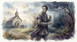 watercolor painting of a man walking away from a Christian church into a dark forest, holding out a crucifix necklace that he's about to rip off to represent the concept of apostasy.