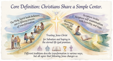 A watercolor image with various core statements on what Christianity is.