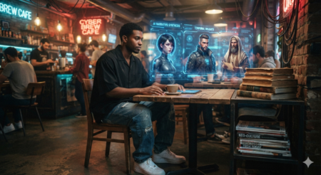 When Mercy Meets Complexity: A Christian'S Ai Conversation On Abortion A man in a black shirt and baggy jeans sits at a cyber cafe table, looking at three glowing futuristic holograms next to stacks of old books and magazines.