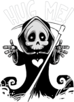 How Evil Will We Become Before Jesus Returns? Black and white cartoonish, somewhat cute, little devil with a scythe. He's holding his arms out wide, to go along with the words, "Hug me" at the top of the image.