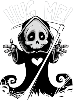 Black and white cartoonish, somewhat cute, little devil with a scythe.  He's holding his arms out wide, to go along with the words, "Hug me" at the top of the image.