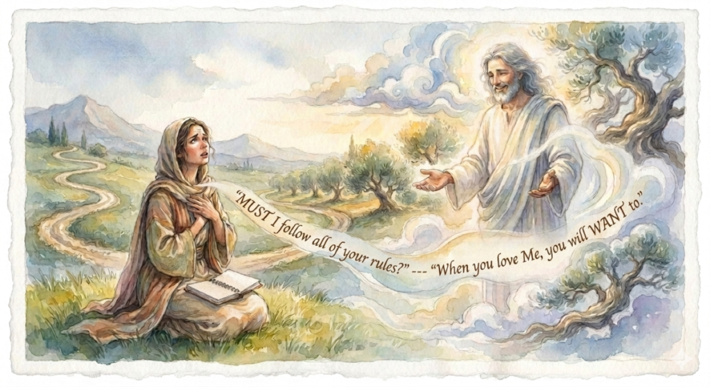 If I Love God, Must I Follow His Rules? watercolor of a woman kneeling in a meadow, asking God, "If I love You, MUST I follow all of Your rules? God, smiling, with arms outstretched, says, "If you love Me, you'll WANT to".