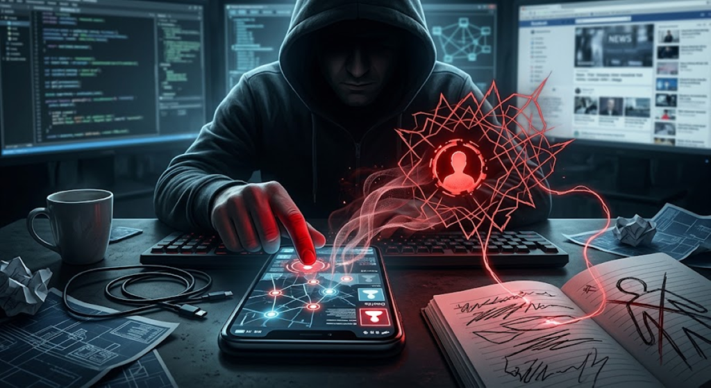 modern day vengeance with a shadowed hacker at work with a room full of computers- as opposed to Biblical "vengeance is mine", says the lord.