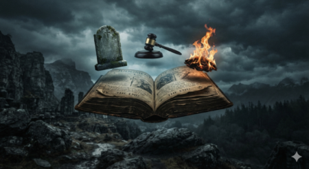 Who Was The First To Say Vengeance Is Mine? A dark cloudy scene, with a Bible floating in mid air. Floating above the Bible, from left to right are a gravestone, a judge's gavel, and flames.