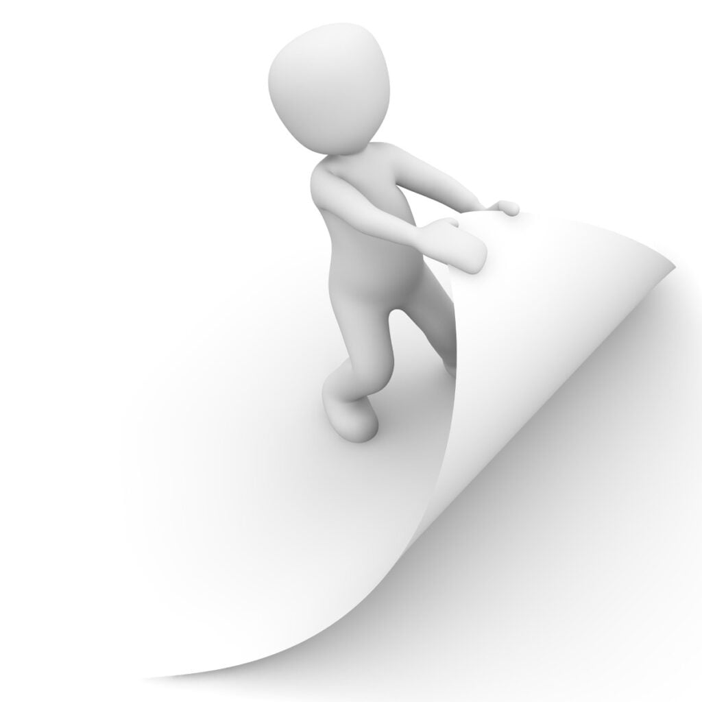 A figure grabbing hold of one corner of a huge page, pulling it toward the opposite corner, to turn the page.
