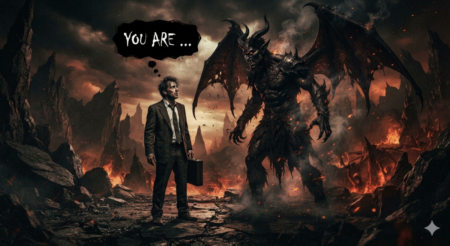 Us Joins Russia In Un Vote Against Condemning Ukraine Invasion A man in a suit, facing off with the devil, in a fiery scene of destruction. The man says, "YOU ARE ..." because he can't bring himself to condemn evil to its face.