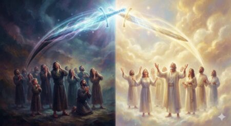 The Sword Of The Spirit an ethereal image of the sword of the spirit swinging one direction on the left and the other on the right side. on one side, it's dark, and people look up at it and tremble. On the other side, it's bright, and people look up with joy.