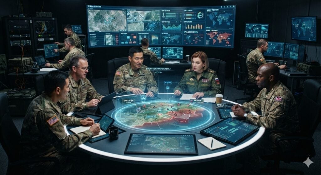 Is Blowing Up An Entire Nation A Sin? An image of a group of generals sitting around a table with electronic maps, AI holograms, and other tech equipment on the table and around the room - planning a war that could blow up an entire nation.