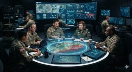 An image of a group of generals sitting around a table with electronic maps, AI holograms, and other tech equipment on the table and around the room - planning a war that could blow up an entire nation.