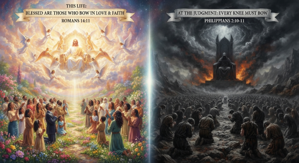A representation from this request to AI: the bible says every knee will bow before God. Some will bow during this life because they want to, out of love for God. The rest will bow at the non-believers judgment, a dark time. Can you generate a surrealist image showing a scene of both cases in one image, side by side