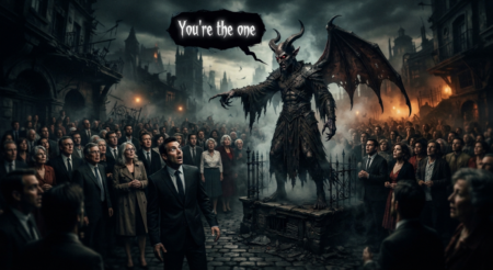 Is Trump Leading Us Into A Unique Time In Christianity? The devil, in front of a crowd of people, pointing to one of them. A word balloon above the devil says, "You're the one". That is, the one to lead us to a period of time in Christianity that nobody else can do.